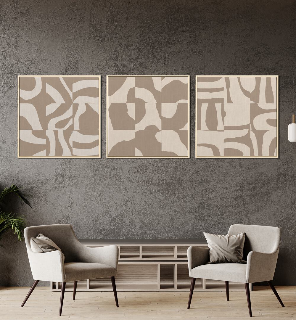 Stylish BEIGE MONOCHROMES SET, SET OF 3 PAINTINGS by Asian Monk enhances serene home decor with abstract designs.