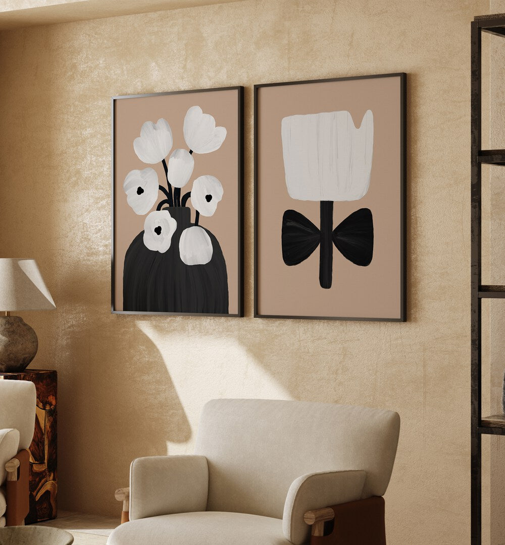 Neutral-toned BEIGE STORIES GALLERY WALL with abstract art prints, enhancing modern gallery walls in stylish decor.