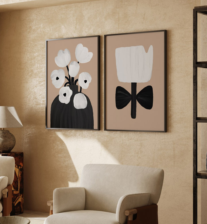 Neutral-toned BEIGE STORIES GALLERY WALL with abstract art prints, enhancing modern gallery walls in stylish decor.
