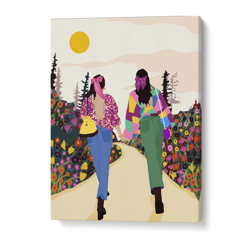 Colorful illustration of two women walking in nature, celebrating friendship in the BESTIES, PORTRAITS collection by Uma Gokhale.