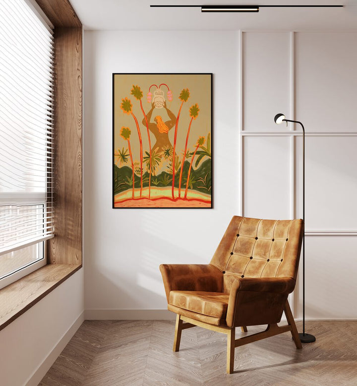 Beyond The Trees By Arty Guava Wall Art Prints in Black Plain Frame placed on a Cream Colored Wall in the Drawing Room