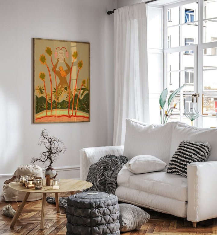 Beyond The Trees By Arty Guava Wall Art Prints in Oak Wood Plain Frame placed on a White Colored Wall near a White Sofa in the Living Room