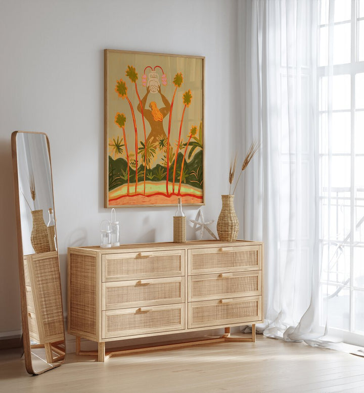 Beyond The Trees By Arty Guava Wall Art Prints in Oak Wood Plain Frame placed on a White Colored Wall above a Console Table in the Drawing Room