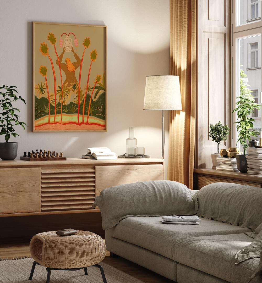 Beyond The Trees By Arty Guava Wall Art Prints in Oak Wood Plain Frame placed on a Cream Colored Wall above a Console Table near a Grey Sofa in the Living Room