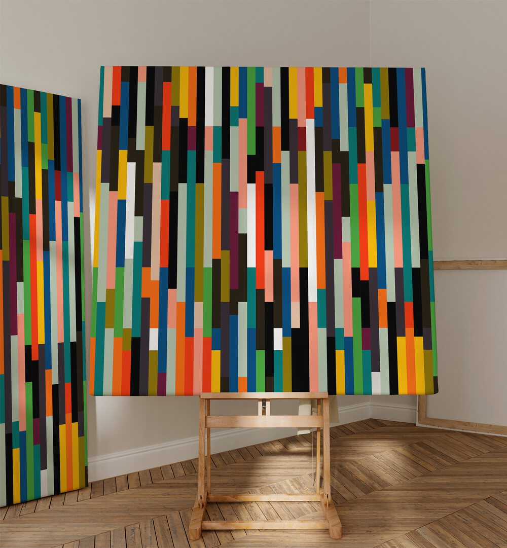 Bright and colorful BIG RETRO STRIPES, ABSTRACT PAINTINGS by Ana Rut Bre, perfect for enhancing modern interiors.