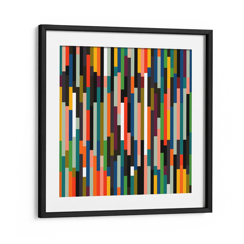 Vibrant BIG RETRO STRIPES, ABSTRACT PAINTINGS by Ana Rut Bre in a sleek black frame, perfect for modern decor.
