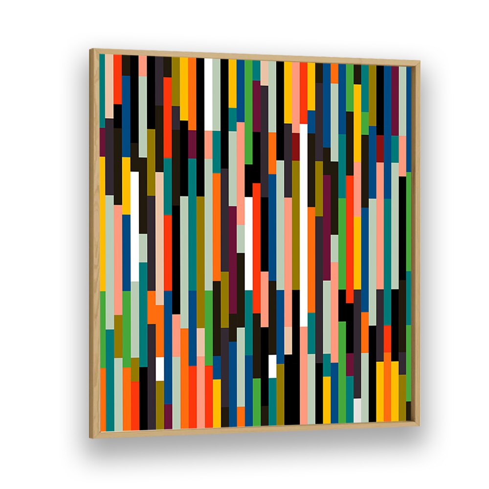 Vibrant BIG RETRO STRIPES, ABSTRACT PAINTINGS by Ana Rut Bre in a sleek oak frame, perfect for modern art lovers.