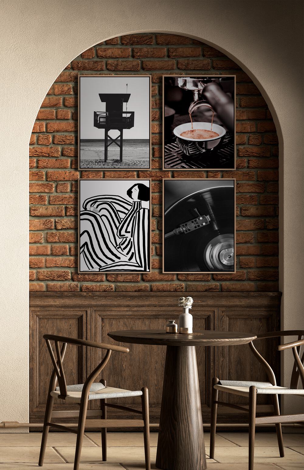 Stylish CAFE GALLERY WALL III with four black and white prints, perfect for modern gallery walls at home.