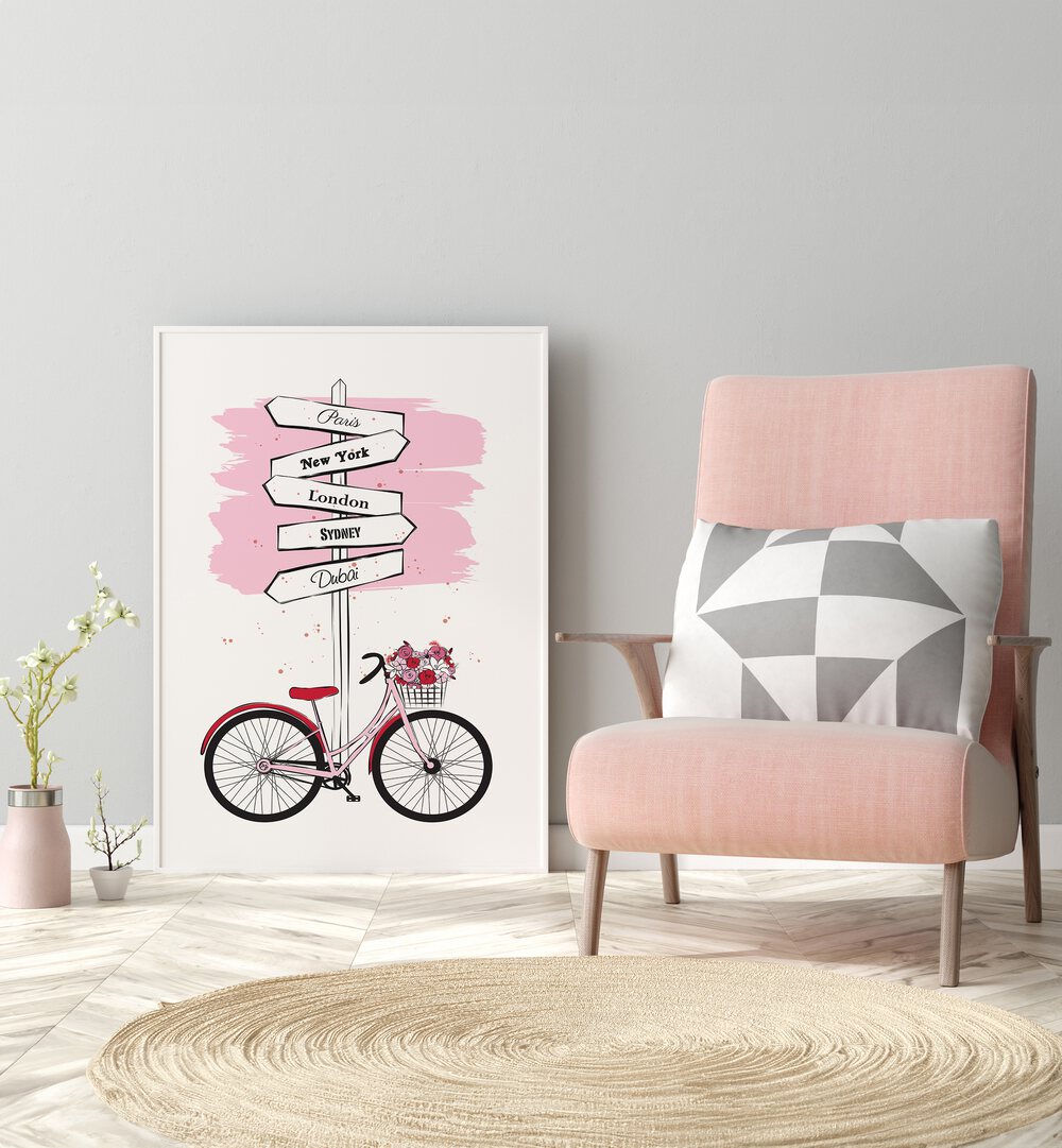 Stylish BIKE TRAVELS, FASHION POSTERS by Martina bring art and cycling together for a vibrant home decor touch.