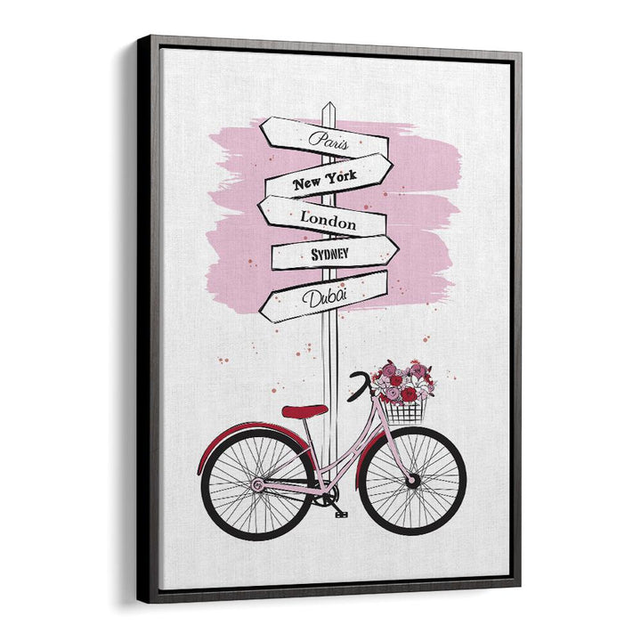 Transform your space with BIKE TRAVELS, FASHION POSTERS featuring a stylish bike and travel signpost art.