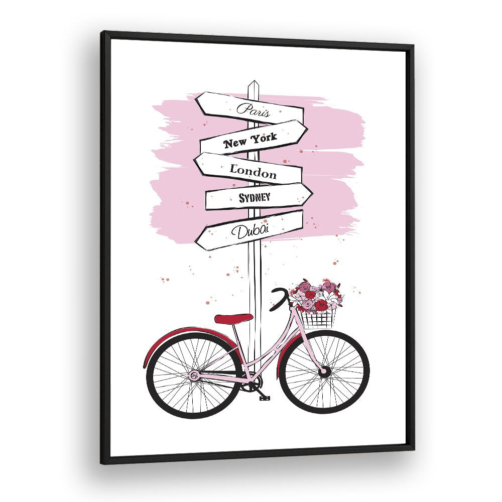 Stylish BIKE TRAVELS, FASHION POSTERS featuring a pink bike and city signs, perfect for modern home decor.