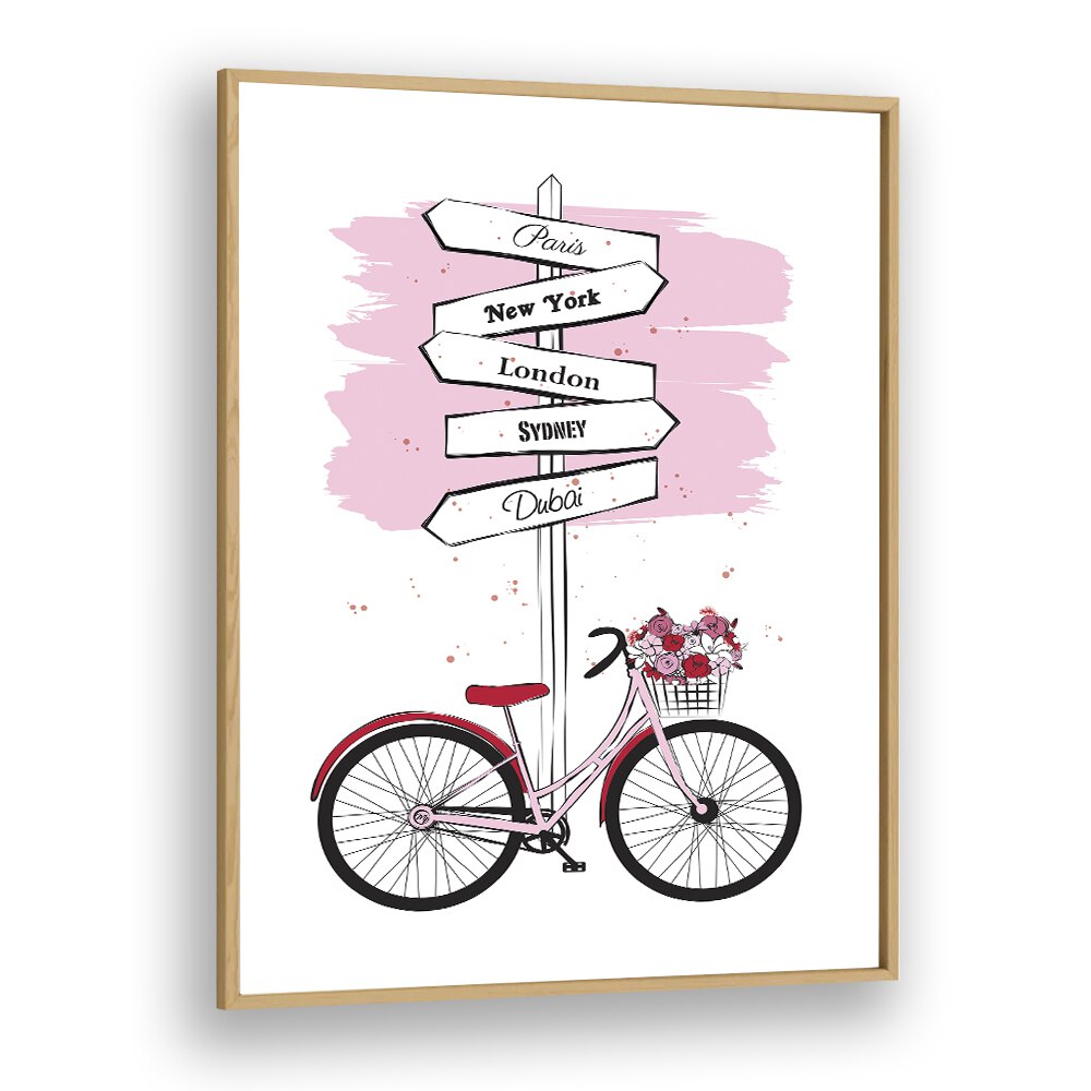 Stylish BIKE TRAVELS, FASHION POSTERS featuring a vintage bike and travel signposts, perfect for any art lover’s space.