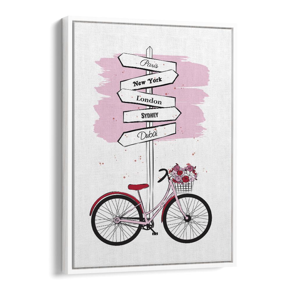 Transform your space with BIKE TRAVELS, FASHION POSTERS, featuring a stylish bike and city direction signs.