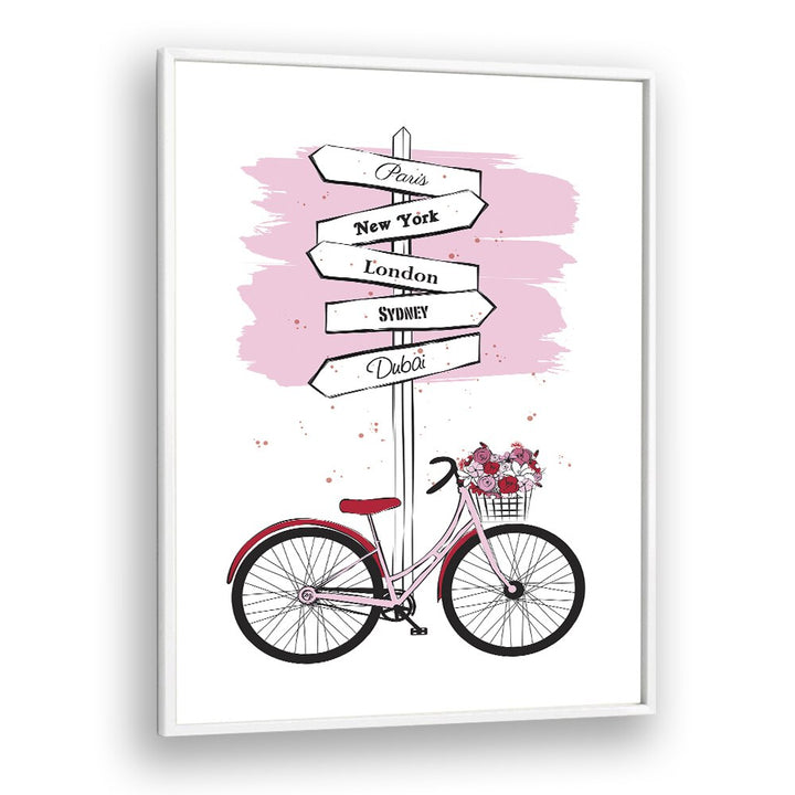 Stylish BIKE TRAVELS, FASHION POSTERS featuring a bicycle and city signpost, perfect for art lovers by Martina.