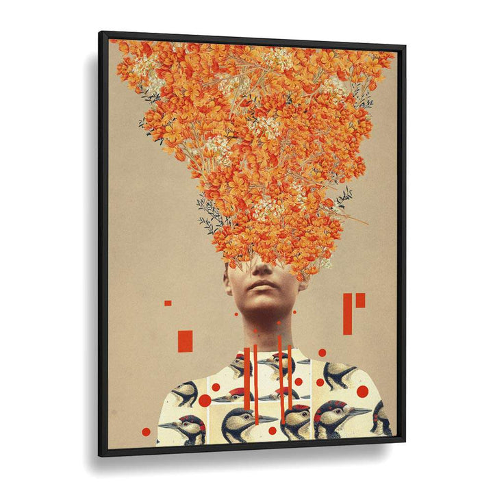 Surreal art print "Bird Flight In Autumn" by Frank Moth, showcasing vibrant autumn flowers and birds.