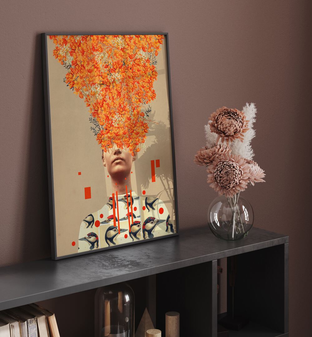 Stunning surreal art print, "Bird Flight in Autumn," by Frank Moth, capturing autumn's beauty and dreamlike essence.