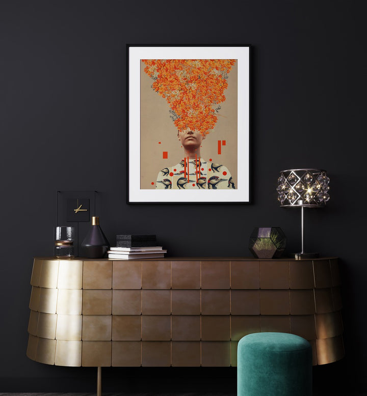 Surreal art print "BIRD FLIGHT IN AUTUMN" by Frank Moth captures autumn's enchanting beauty in vibrant colors.