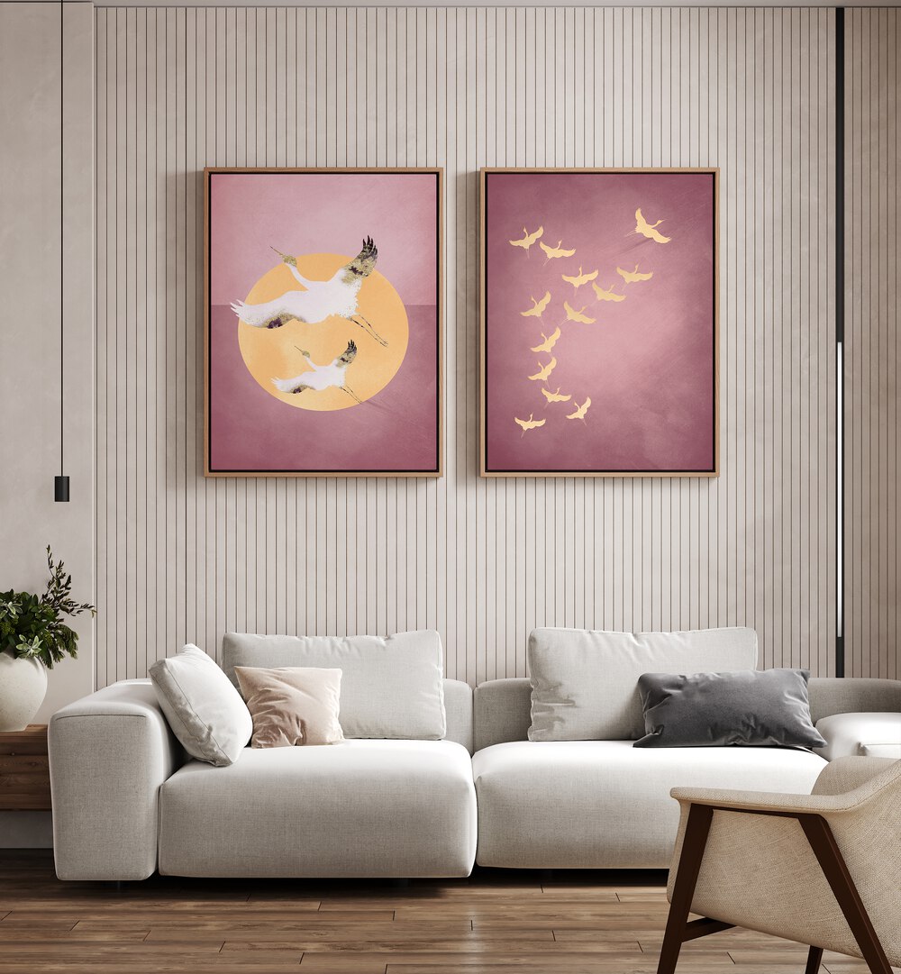 Elegant living room featuring the BIRDS SET BY AUREOUS, SET OF 2 PAINTINGS, enhancing the space with tranquility.