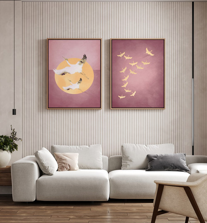 Elegant living room featuring the BIRDS SET BY AUREOUS, SET OF 2 PAINTINGS, enhancing the space with tranquility.