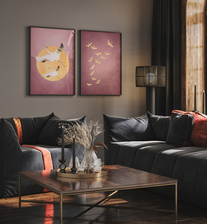 Elegant living room featuring the BIRDS SET BY AUREOUS, SET OF 2 PAINTINGS enhancing the decor with tranquility.