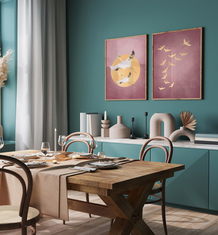 Elegant dining space featuring the BIRDS SET BY AUREOUS, SET OF 2 PAINTINGS, enhancing tranquility and style.
