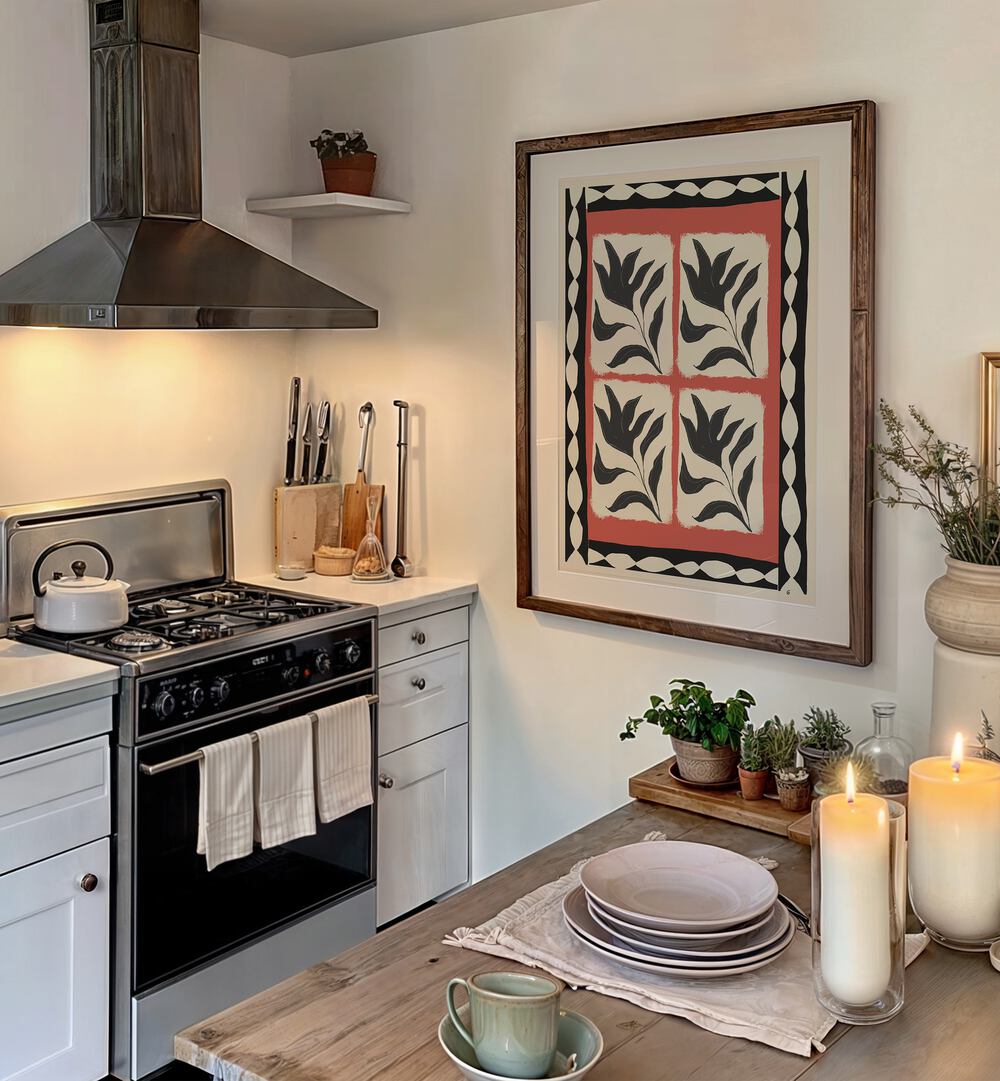 Elegant kitchen featuring ABSTRACT FLOWERS I, FLORAL FLOWER PAINTINGS, enhancing modern aesthetics and artistic flair.