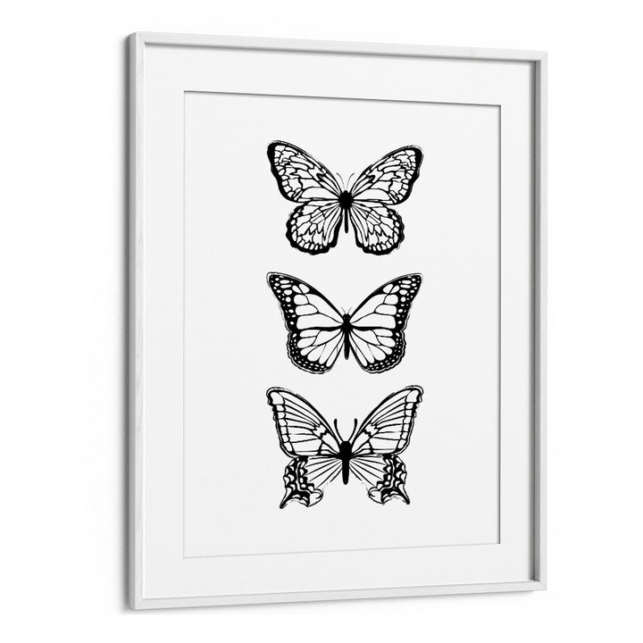 Stylish BLACK BUTTERFLIES, FASHION POSTERS by Martina in a sleek white frame, perfect for enhancing your decor.