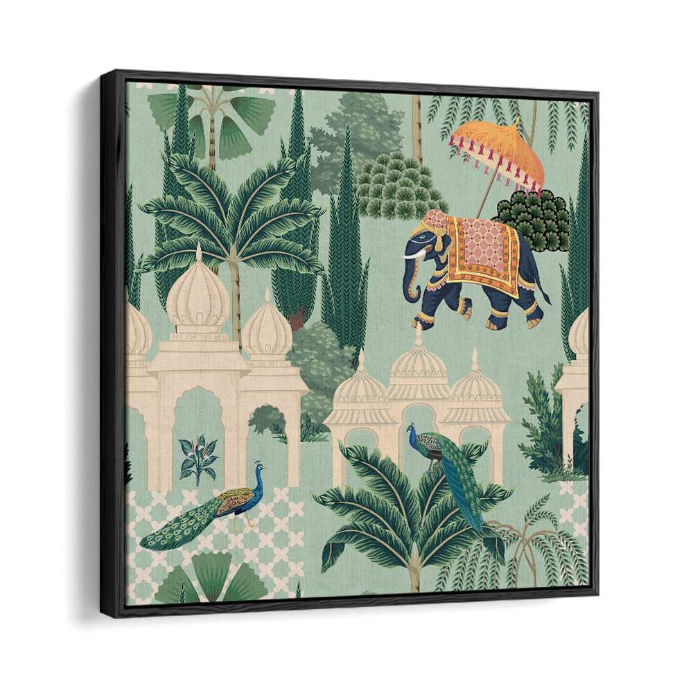Vibrant PEACOCK AND ELEPHANT PARADE, INDIAN ART PAINTINGS showcasing Mughal opulence, perfect for home decor.