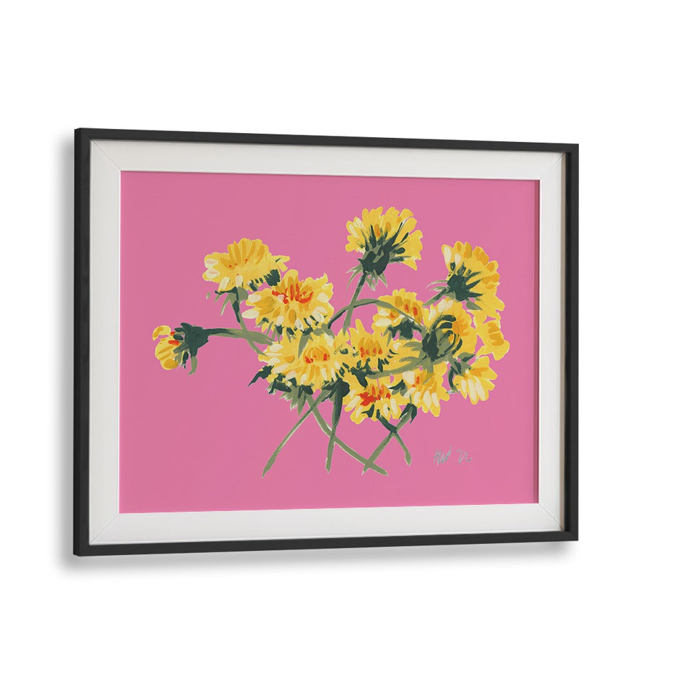 YELLOW DANDELIONS ON PINK , FLORAL FLOWER PAINTINGS