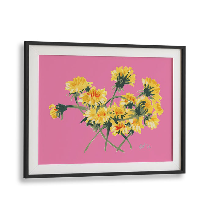 YELLOW DANDELIONS ON PINK , FLORAL FLOWER PAINTINGS