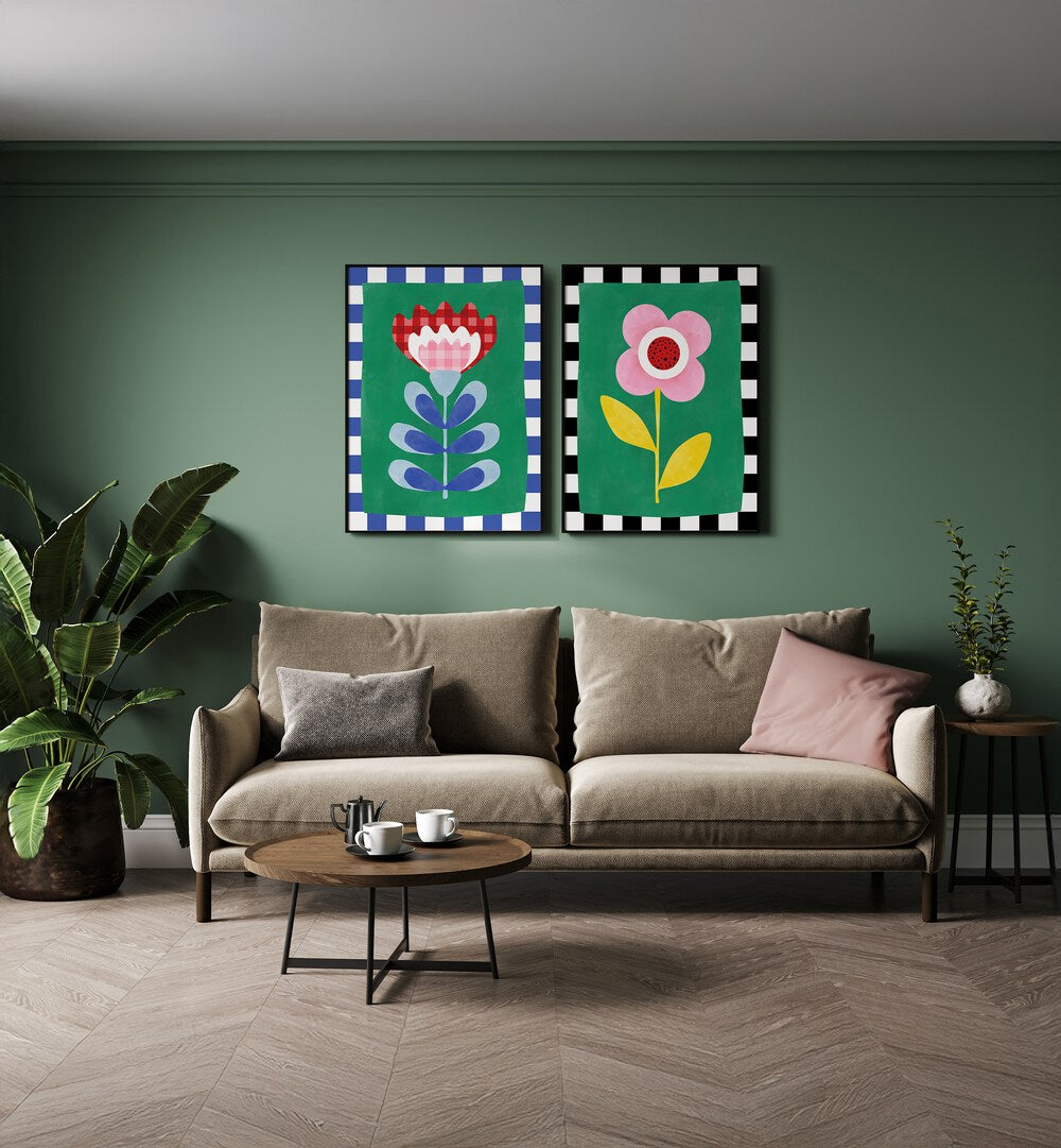 Brighten your space with the BLOOM & CHECKER SET, featuring vibrant floral designs and bold patterns for a striking look.