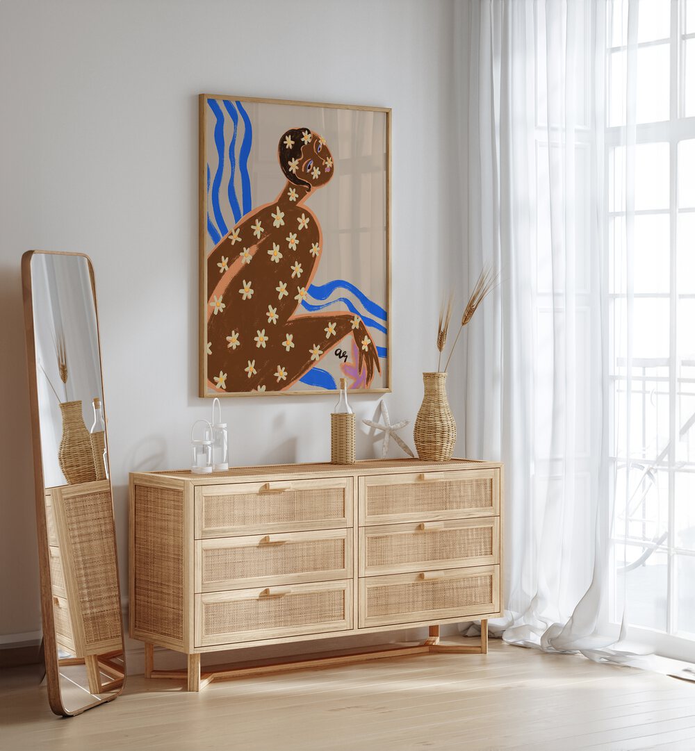 Blooming Daisy By Arty Guava Wall Art Prints in Oak Wood Plain Frame placed on a White Colored Wall above a Console Table in the Drawing Room