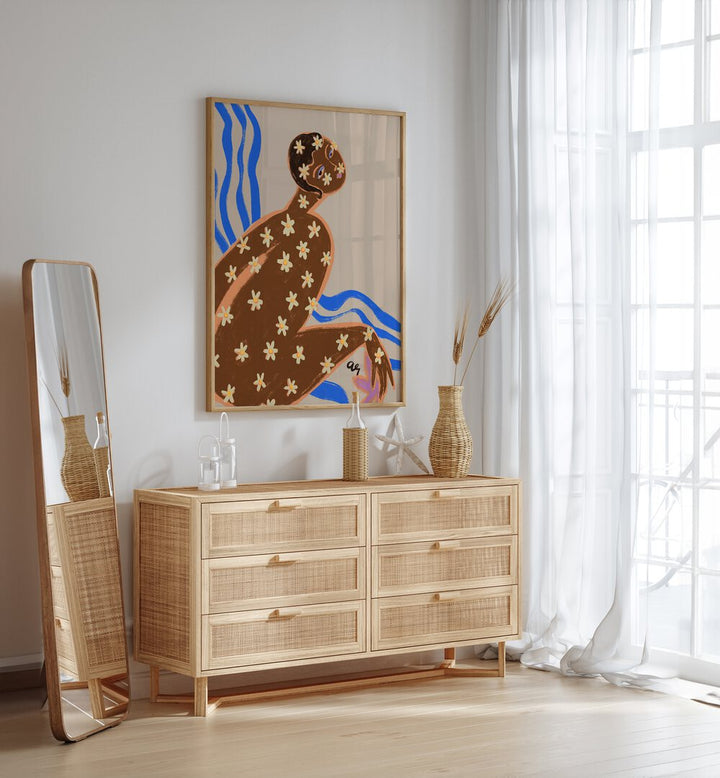 Blooming Daisy By Arty Guava Wall Art Prints in Oak Wood Plain Frame placed on a White Colored Wall above a Console Table in the Drawing Room
