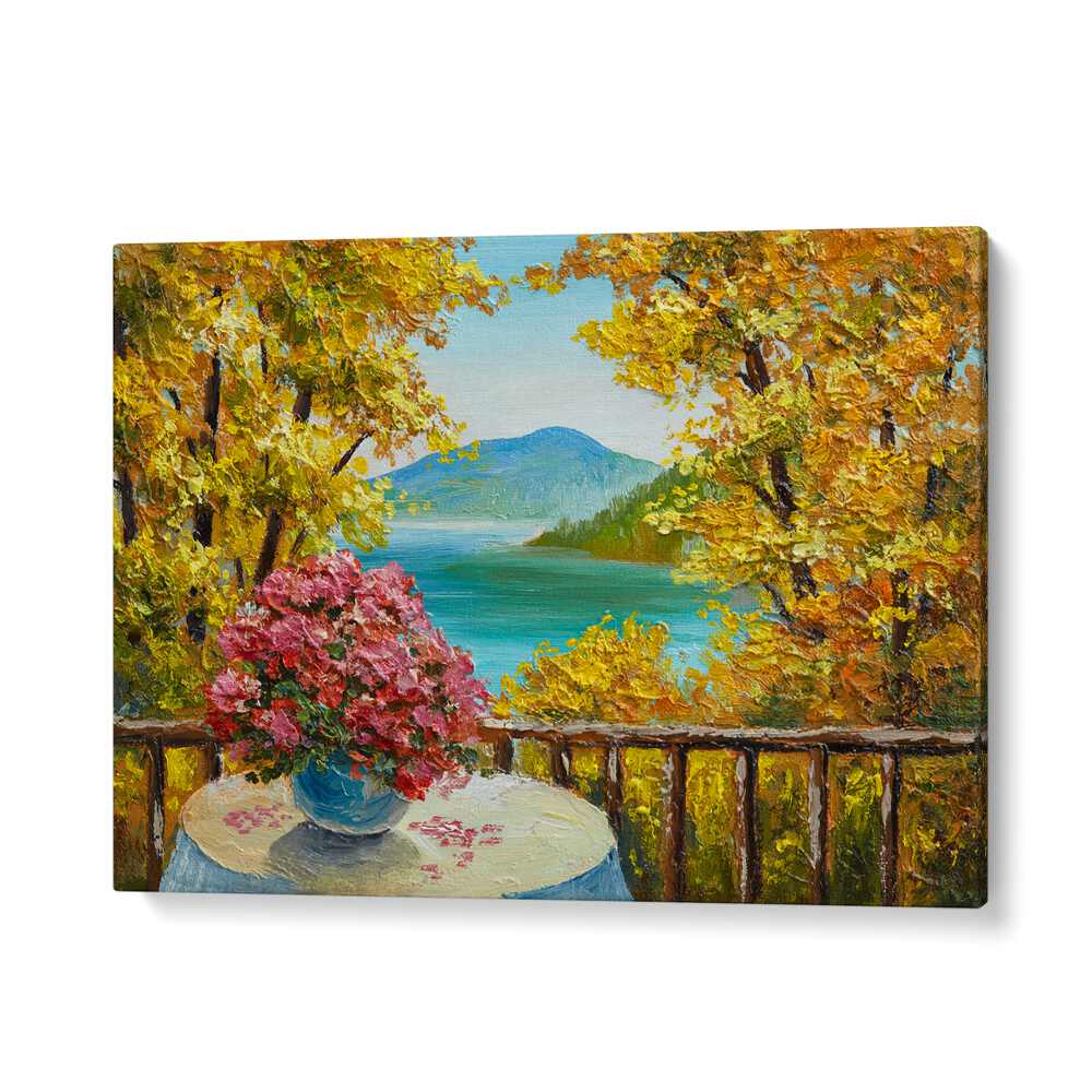 Serene landscape with vibrant flowers, showcasing BLOOMING OASIS, VINTAGE EUROPEAN PAINTINGS for elegant spaces.