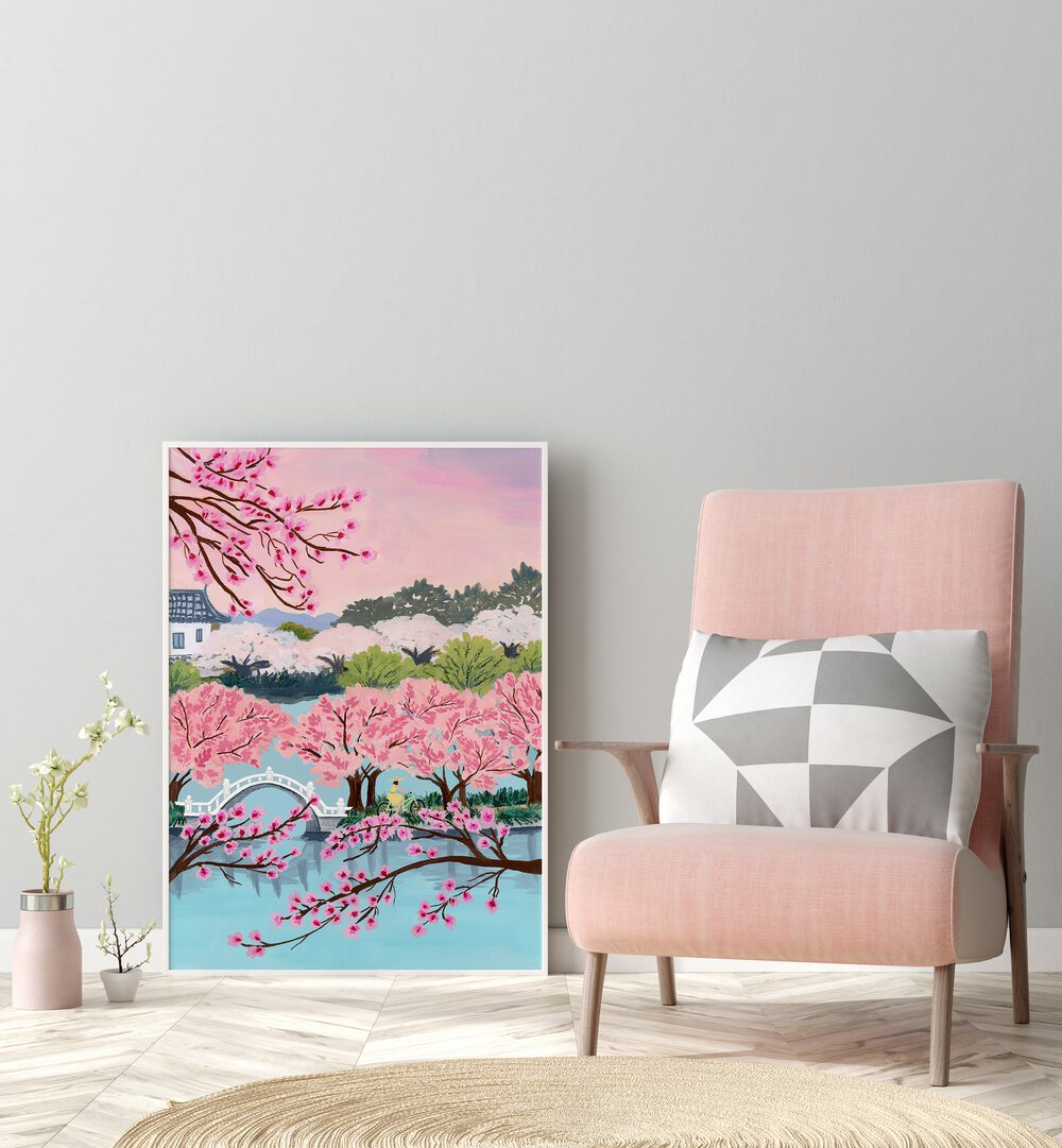 Stunning BLOSSOM RIDE landscape painting by Sarah Gesek, showcasing vibrant pink blooms and serene nature vibes.
