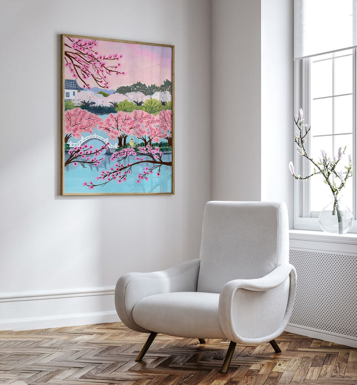 Captivating BLOSSOM RIDE, LANDSCAPE PAINTINGS by Sarah Gesek, showcasing vibrant pink blooms and serene water views.