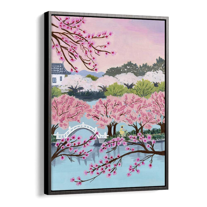 Captivating BLOSSOM RIDE landscape paintings by Sarah Gesek, showcasing vibrant cherry blossoms and serene water scenes.