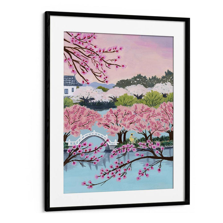 Stunning BLOSSOM RIDE, LANDSCAPE PAINTINGS by Sarah Gesek showcasing pink blossoms and serene waters in a black frame.