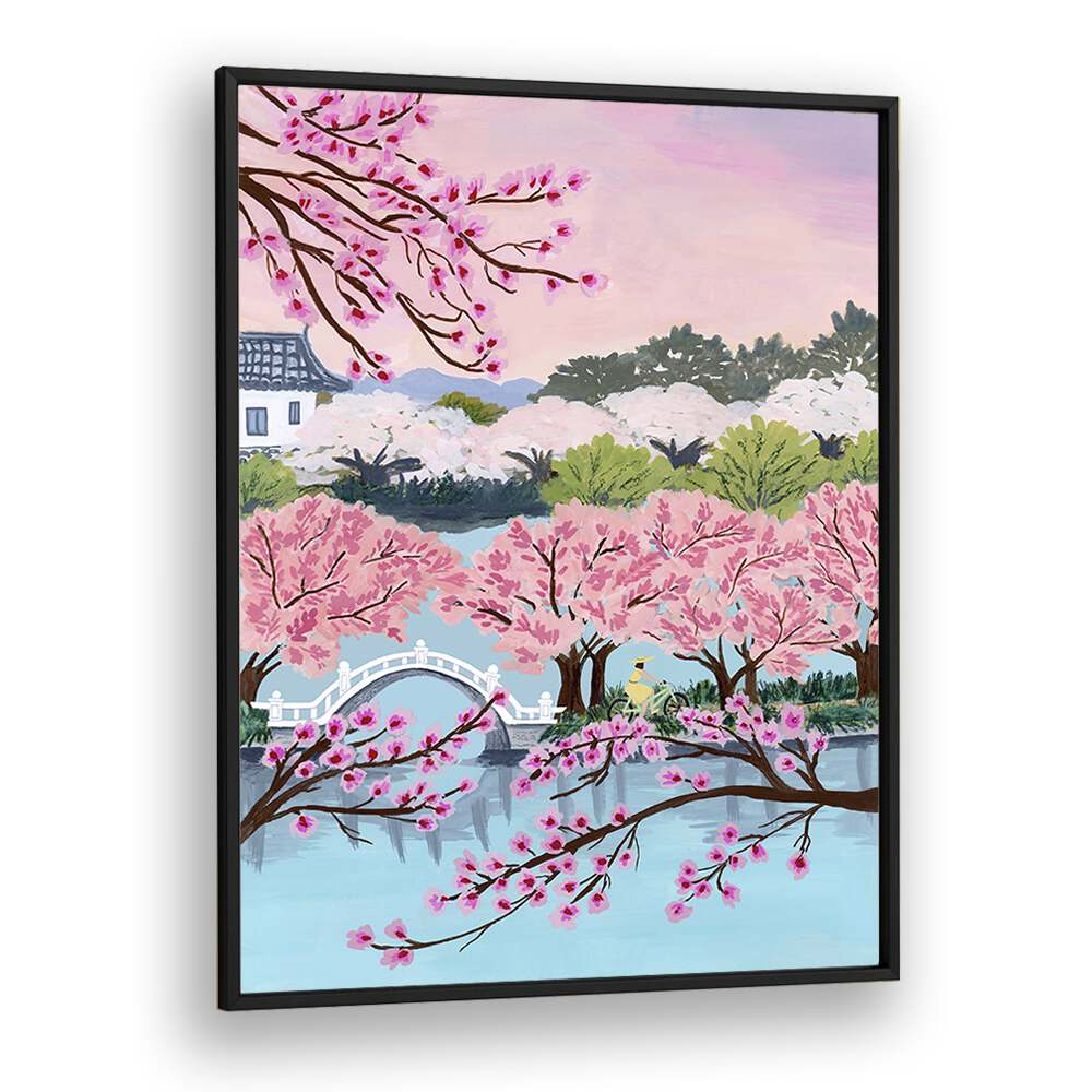 Captivating BLOSSOM RIDE, LANDSCAPE PAINTINGS by Sarah Gesek features serene cherry blossoms and tranquil waters.