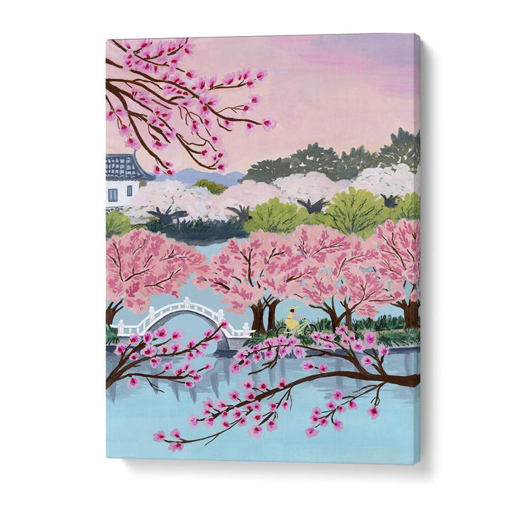 Captivating BLOSSOM RIDE, LANDSCAPE PAINTINGS by Sarah Gesek, showcasing serene cherry blossoms and tranquil waters.