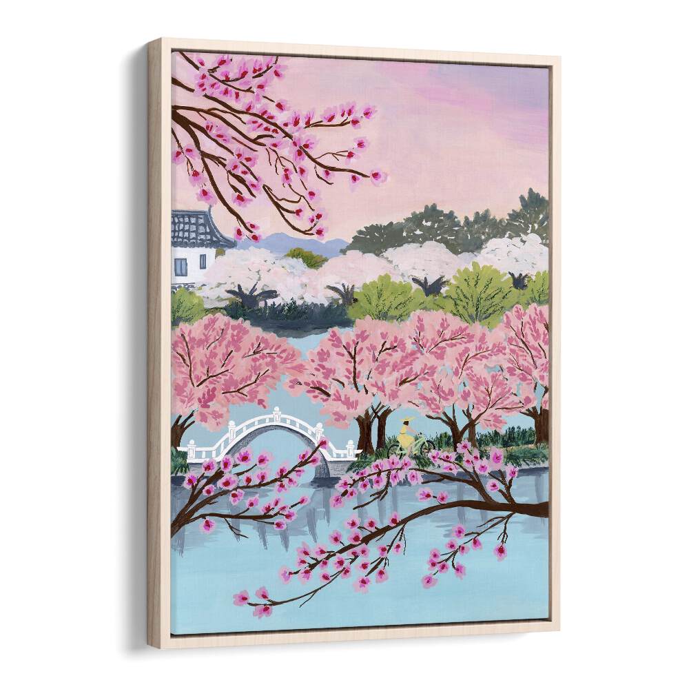 Captivating BLOSSOM RIDE, LANDSCAPE PAINTINGS by Sarah Gesek, showcasing vibrant cherry blossoms and serene water reflections.