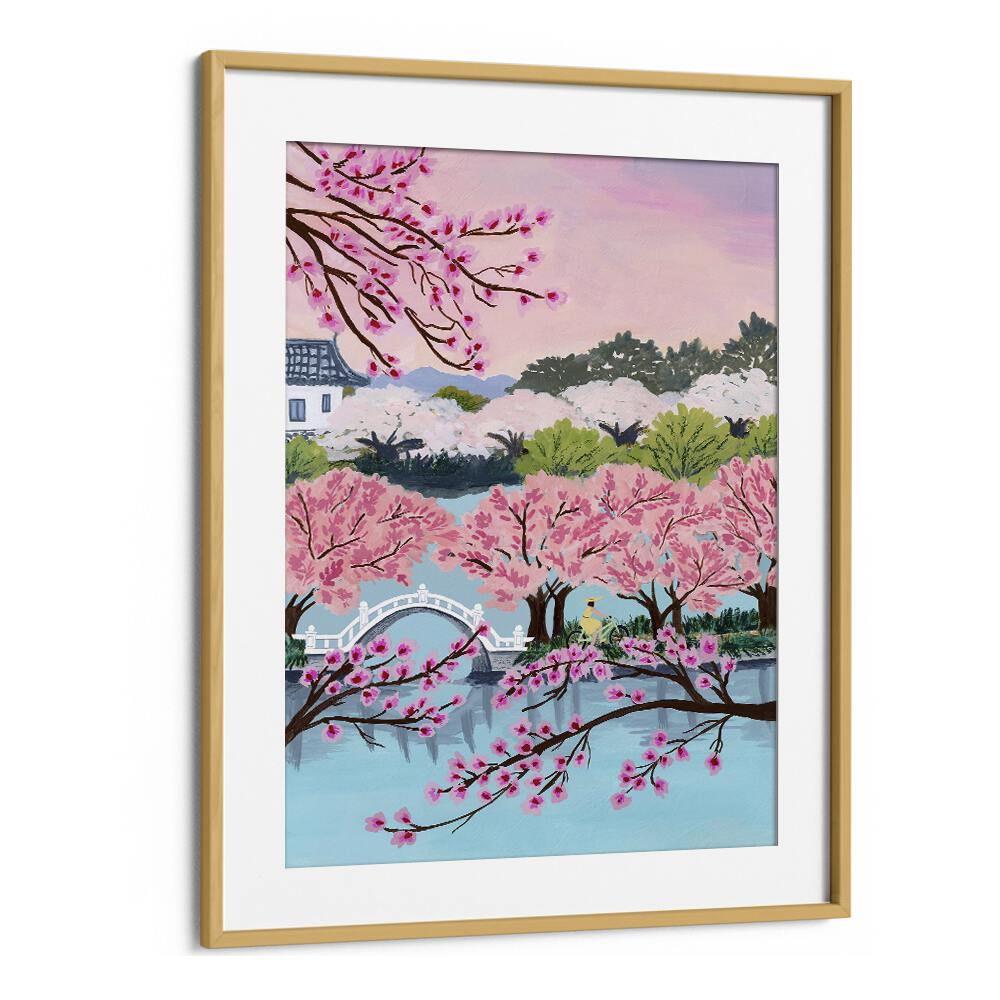 Captivating BLOSSOM RIDE, LANDSCAPE PAINTINGS by Sarah Gesek, framed artwork showcasing serene cherry blossoms in nature.