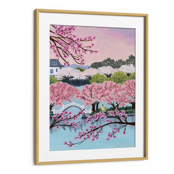 Captivating BLOSSOM RIDE, LANDSCAPE PAINTINGS by Sarah Gesek, framed artwork showcasing serene cherry blossoms in nature.