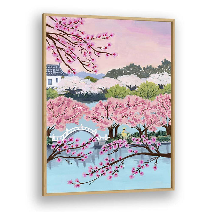 Captivating BLOSSOM RIDE, LANDSCAPE PAINTINGS by Sarah Gesek, featuring a serene cherry blossom scene in an oak frame.
