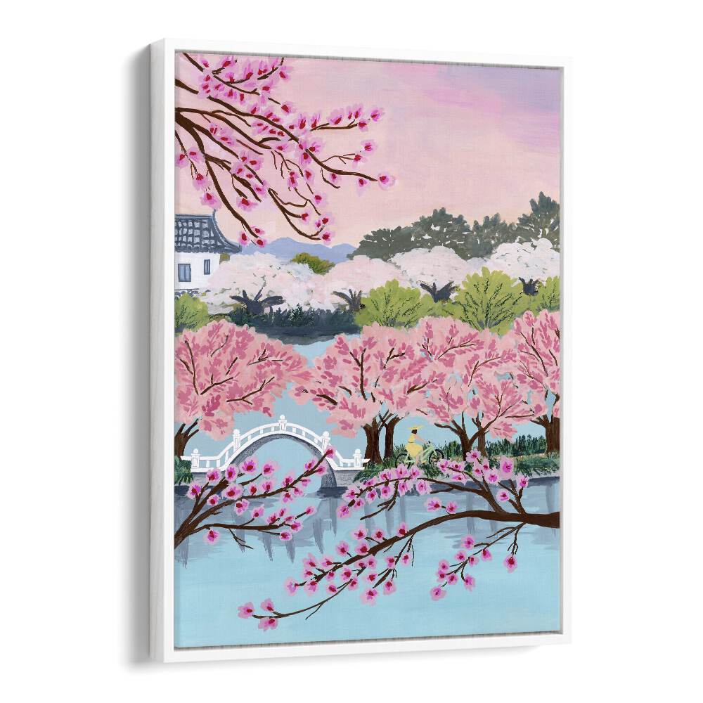 Captivating BLOSSOM RIDE, LANDSCAPE PAINTINGS by Sarah Gesek, showcasing vibrant cherry blossoms and serene water views.