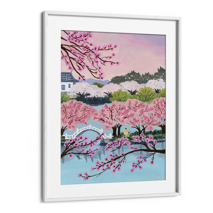 Beautiful BLOSSOM RIDE, LANDSCAPE PAINTINGS by Sarah Gesek, featuring serene cherry blossoms and a tranquil bridge.