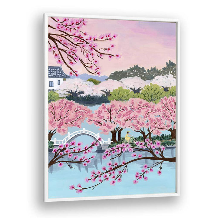 Captivating BLOSSOM RIDE, LANDSCAPE PAINTINGS by Sarah Gesek features vibrant pink trees and serene water reflections.