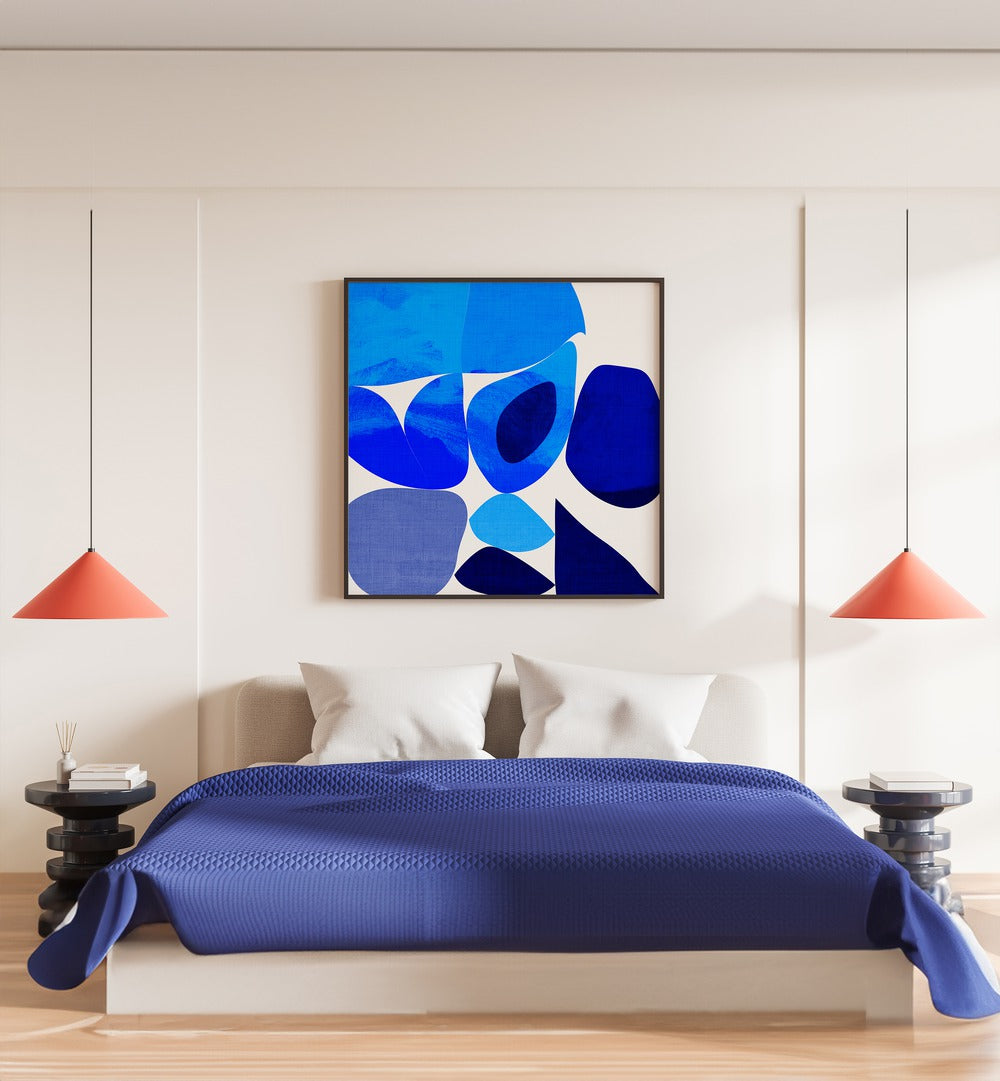 Stylish bedroom featuring BLUE ABSTRACT KOPIE III, ABSTRACT PAINTINGS by Ana Rut Bre, enhancing modern decor.