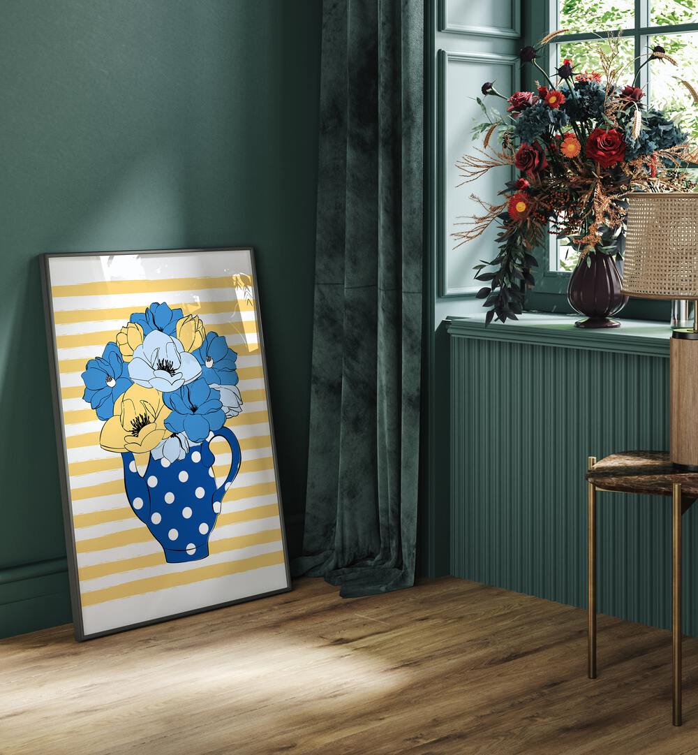 Bright blue flowers in a charming vase enhance your space with elegance—perfect for floral flower paintings lovers.