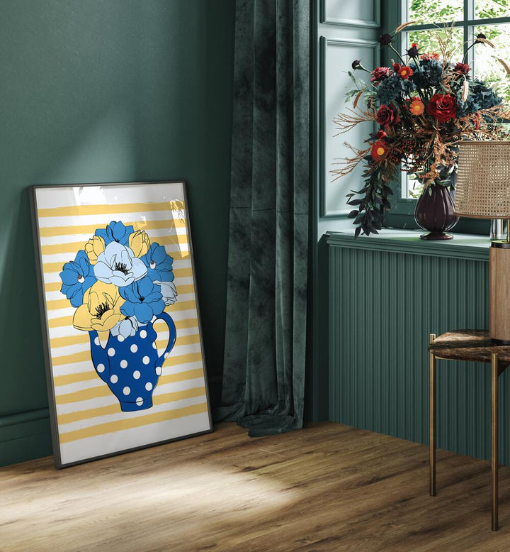 Bright blue flowers in a charming vase enhance your space with elegance—perfect for floral flower paintings lovers.